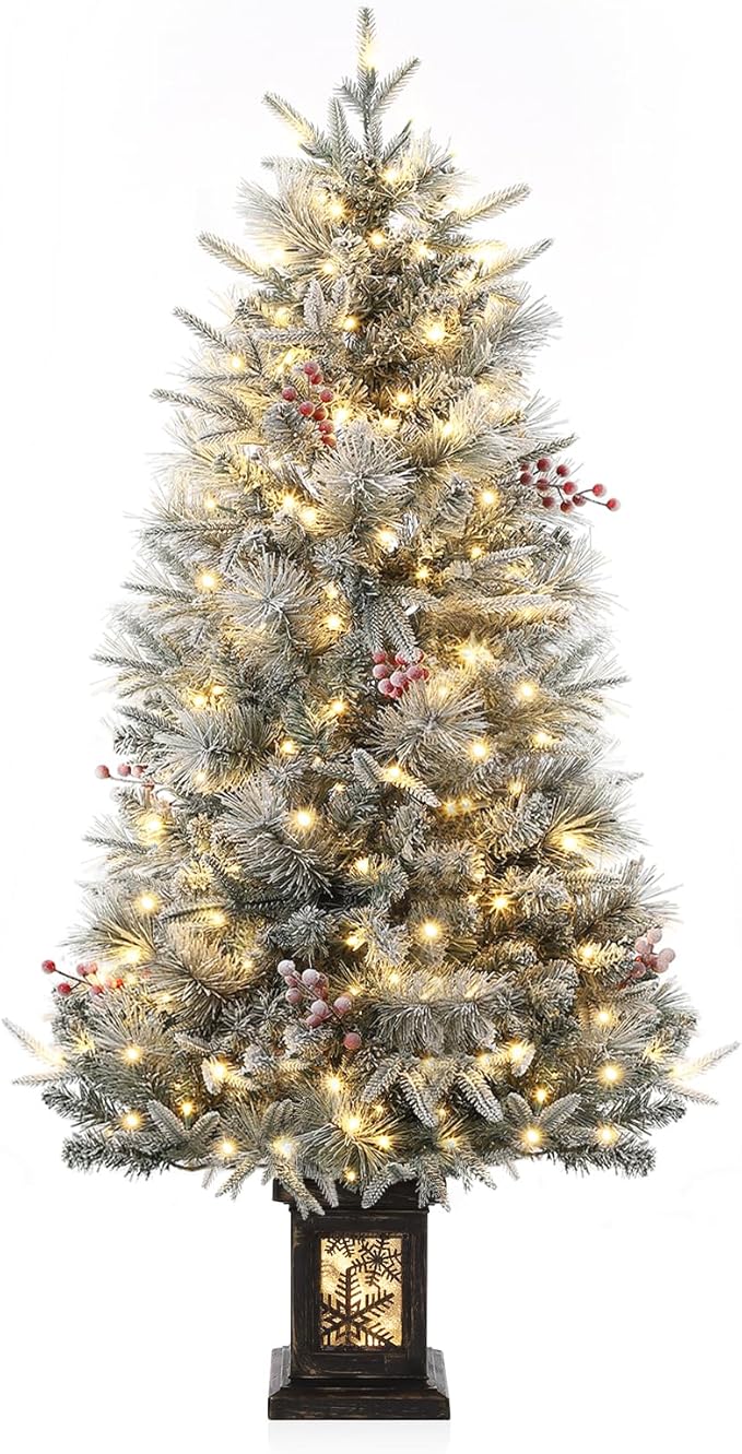 GarveeHome 4.5ft Prelit Christmas Trees with 200 Warm Lights & 20 Clusters Red Berry, Artificial Potted Xmas Tree with 8 Light-Modes, Snowflake Base, Holiday Decor, 1 PCS