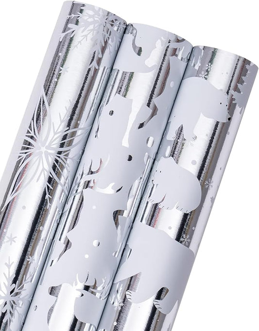 MAYPLUSS Christmas Wrapping Paper Roll - Mini Roll - 17 inch X 120 inch Per roll - Silver Bear, Snowflkes with Glitter Gold Foil Design(42.3 sq.ft.ttl)