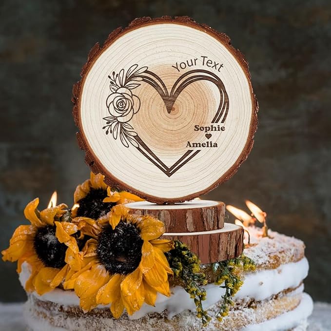 Personalized Rustic Wedding Cake Topper in Wood Custom Wedding Cake Topper with Names & Date Love Heart Shape Wooden Decorations Handmade Wood Slices Engarved with Couple Name Roses Flowers