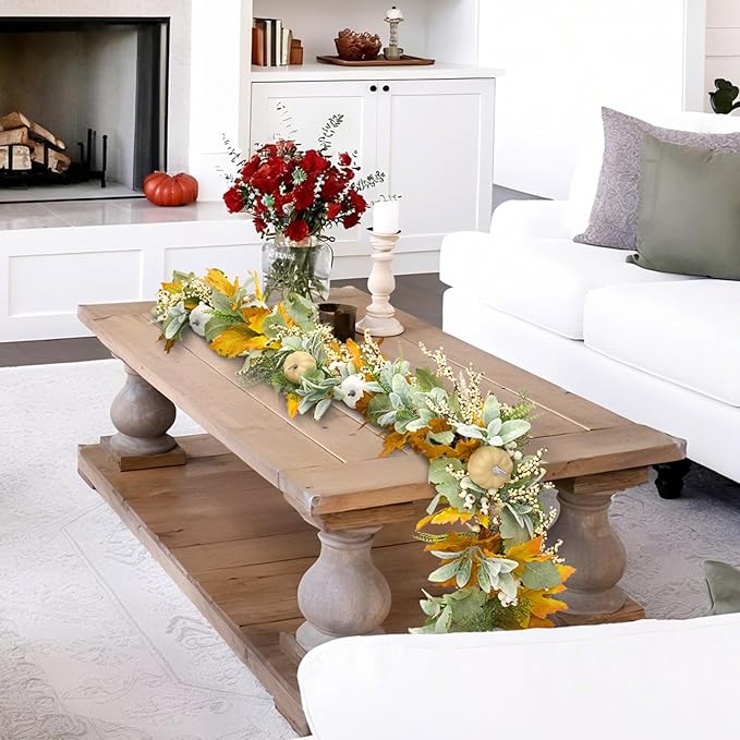 Fall Mantel Garland Decor for Home - 6 Ft Autumn Leaves Table Garlands with Lights Decorations for Thanksgiving and Halloween Leaf Centerpieces for Bedroom Tables Stair Porch Outdoor Farmhouse