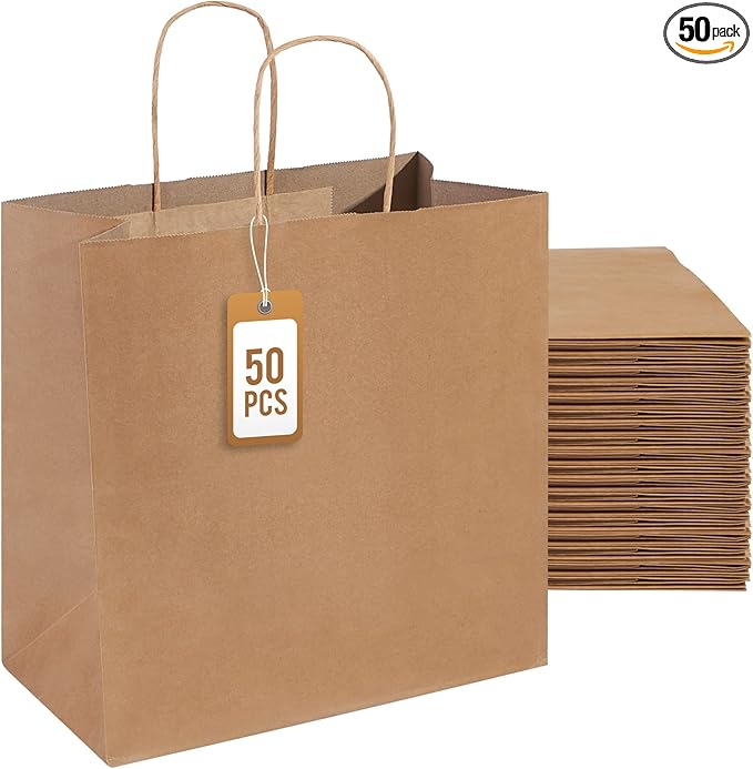 PAICUIKE 50Pcs Brown Paper Bags with Handles, Large 11x6x11 Inch Kraft Grocery Shopping & Retail Merchandise Bag, Gift Bags Bulk for Weddings, Parties, Baking
