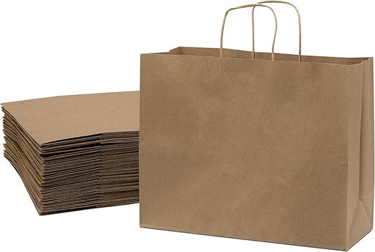 Prime Line Packaging Brown Paper Bags with Handles, Large Kraft Gift Bags for Small Business, Shopping, Retail Store, Boutique, Grocery, Bulk, 16x6x12, 25 Pack