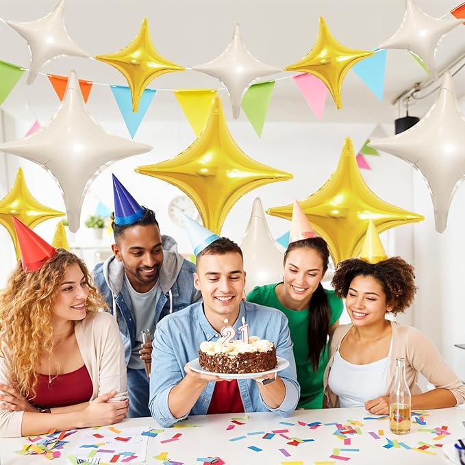 Cream White Gold Star Balloons,12Pcs Four Angle Star Foil Balloons,26Inch and 10Inch Sand White Gold Quadrangle Helium Balloon for Birthday Baby Shower Anniversary Party Decorations