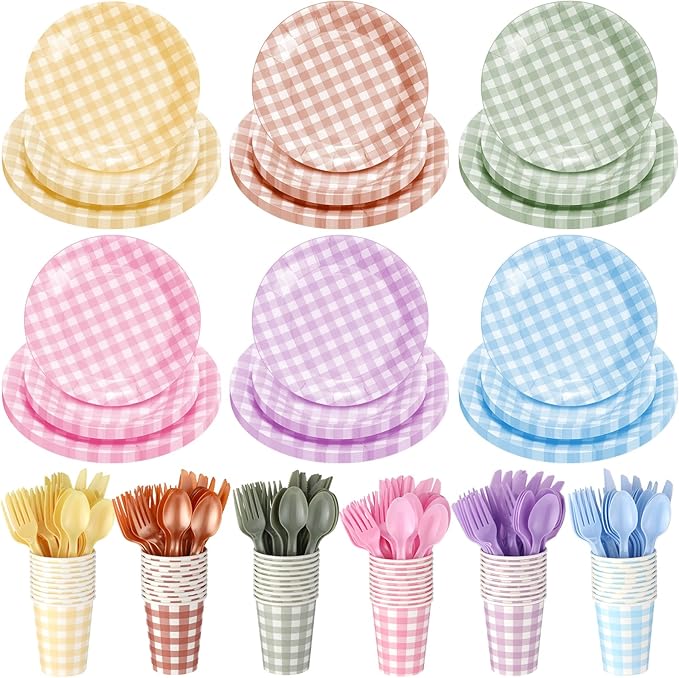 Havawish 360 Pcs Gingham Party Supplies for 60 Guests Checkered Disposable Paper Plates Cups Knife Fork and Spoon Plaid Dinner Plates Tableware Set for Picnic Wedding Birthday
