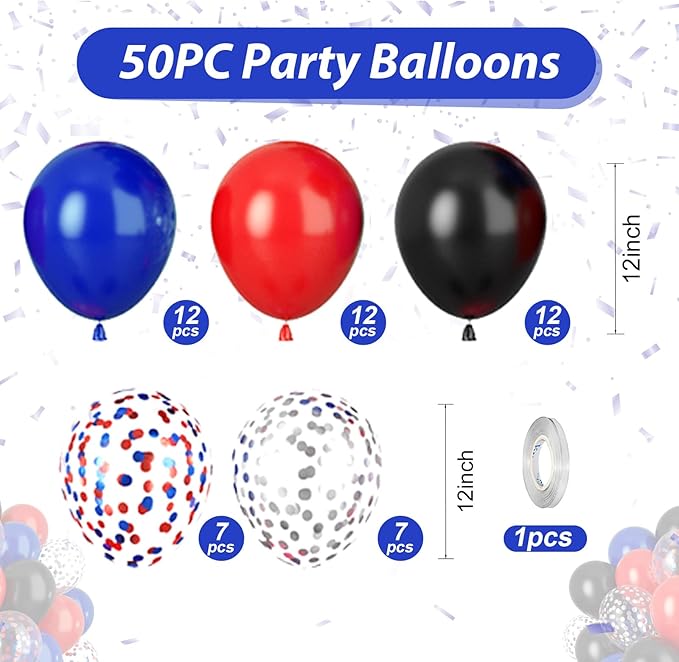 Red Blue Black Balloons, 50pcs Royal Blue Red Black Balloons, Silver Confetti Balloon for Boy Man Theme Birthday Party Baby Shower Wedding Graduation Decorations