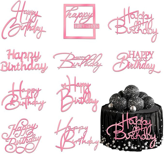 10 PCS Pink Birthday Cake Topper Mirror Acrylic Happy Birthday Cake Toppers Double-Sided Dessert Decorations for Girls Women's Party Supplies Cake Charm Supplies for Birthday Party