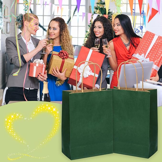 100 Pack 5.9x3.15x8.26 inch Small Green Gift Bags, Kraft Bags with Handles Bulk for Birthday Party Favors,Gift Paper Bags,Retail Shopping Business Goody Craft Gift Bags