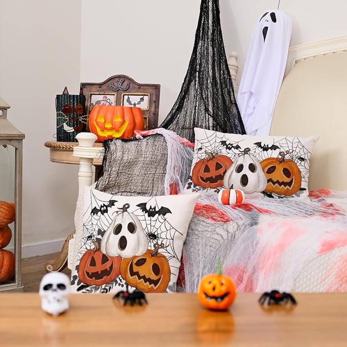 AACORS Halloween Pillow Cover 16X16 Set of 2,Pumpkin Jack-O'-Lanterns Bat Web Decoration Holiday Farmhouse Pillow Case Decor for Home Sofa Couch AA306-16-2
