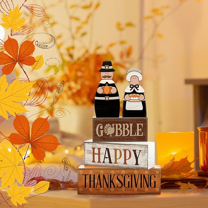 4 Pcs Thanksgiving Decoration for Home Wooden Pilgrim Couple Decor Thanksgiving Tiered Tray Decor Fall Centerpiece Rustic Decorative Pilgrim Block Sign Gift Farmhouse for Home Kitchen
