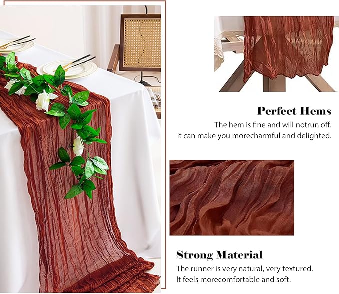 6 Pack 10 Ft Cheesecloth Table Runner Rust Gauze Long Table Runners Boho Gauze Cheese Cloth Table Runner Rustic Sheer Runner for Wedding Party Table Decor ( 35 x 120 Inch )