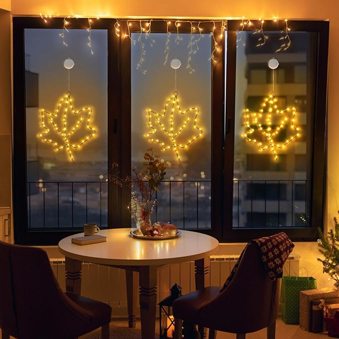 BlcTec Thanksgiving Decorations for Home 2 Pack 10Inch Maple Leaves Thanksgiving Window Lights with Suction Cups, Timer, Battery Operated Metal Frame Window Lights for Thanksgiving Decorations, Orange