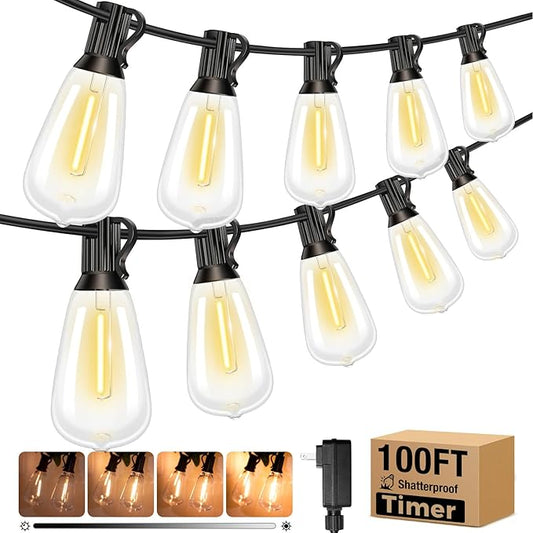 litogo 100 FT LED String Lights for Outside, Waterproof Outdoor Patio Lights with Dimmable Edison Bulbs, Warm White Hanging Light with Timer for Backyard Yard Gazebo Party Tent Garden Tree