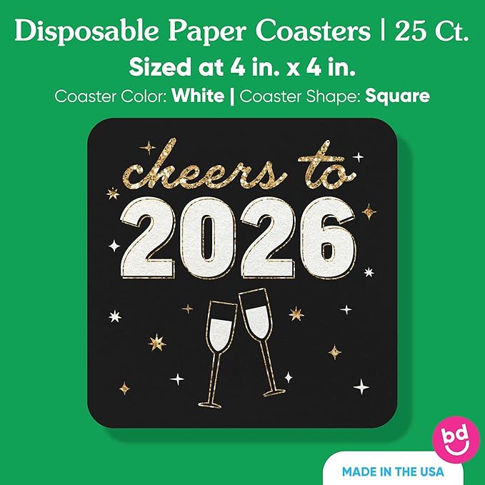 Big Dot of Happiness 25 Ct Hello New Year Drink Coasters, 4-Inch Disposable Square Paper Coasters for Cheers to 2026 Party Decoration, NYE Table Decor for Cocktail Drinks