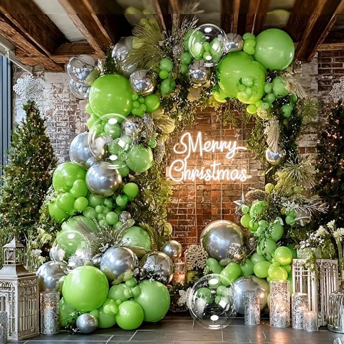 Green Silver Balloon Arch Double Stuffed Lime Green Metallic Sliver Balloon Garland Clear Bobo Balloons for Christmas Birthday Baby Shower Safari Jungle Graduation Party Decorations
