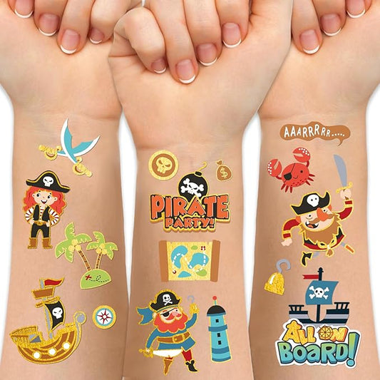 Kids Pirate Temporary Tattoo-110 Glitter Style Fake Tattoos for Boys Girls Jake Captain Skull Crew Treasure Pirate Ship Anchor Waterproof Body Face Tattoos Stickers Nautical Party Favors Decorations