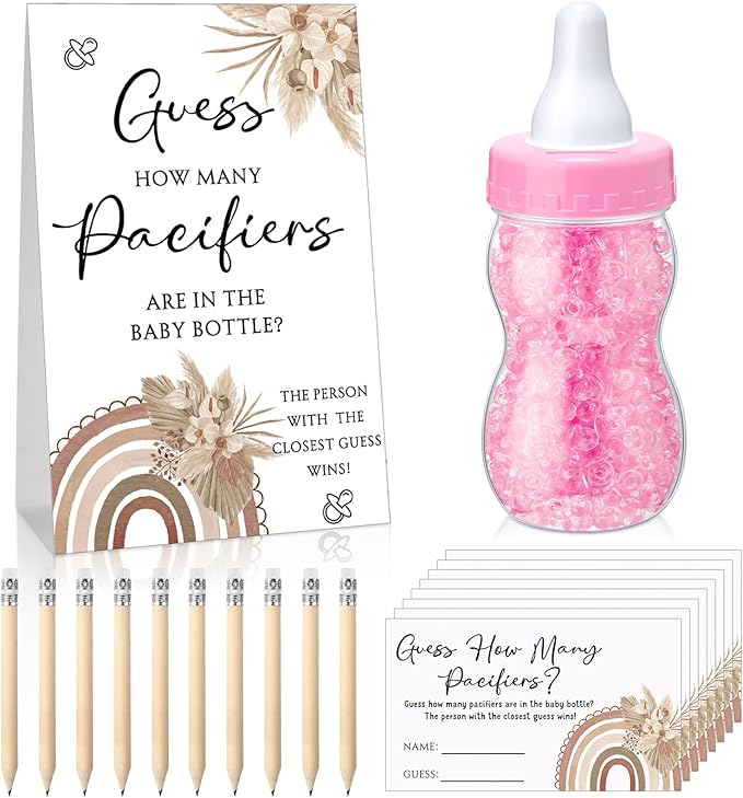 Roowest 512 Pcs Baby Shower Games Guess How Many Pacifiers Sign 100 Small Guessing Games 10 HB Pencils 750ml Milk Bottle 400 Acrylic Pacifiers Decoration for Guest Gender Reveal(Pink,Sunshine)