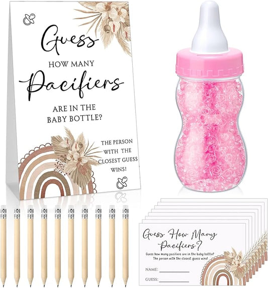 Roowest 512 Pcs Baby Shower Games Guess How Many Pacifiers Sign 100 Small Guessing Games 10 HB Pencils 750ml Milk Bottle 400 Acrylic Pacifiers Decoration for Guest Gender Reveal(Pink,Sunshine)