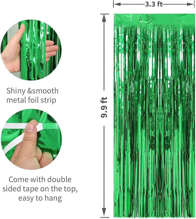 Crosize 3 Pack 3.3 x 9.9 ft Green Foil Fringe Backdrop Curtain, Streamer Backdrop Curtains, Streamers Birthday Party Decorations, Tinsel Curtain for Parties, Galentines Decor, Preppy, Photo Booth