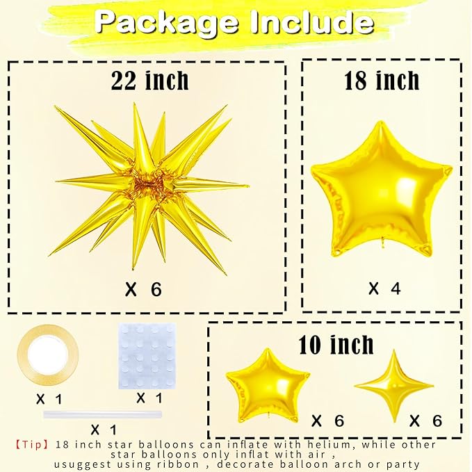 22 Pcs Gold Star Balloons,22/18/10 Inch Star Foil Mylar Balloon,Spike Balloon and Four Pointed Balloons for Party Supplies Christmas Birthday Wedding Photo Booth (Gold)