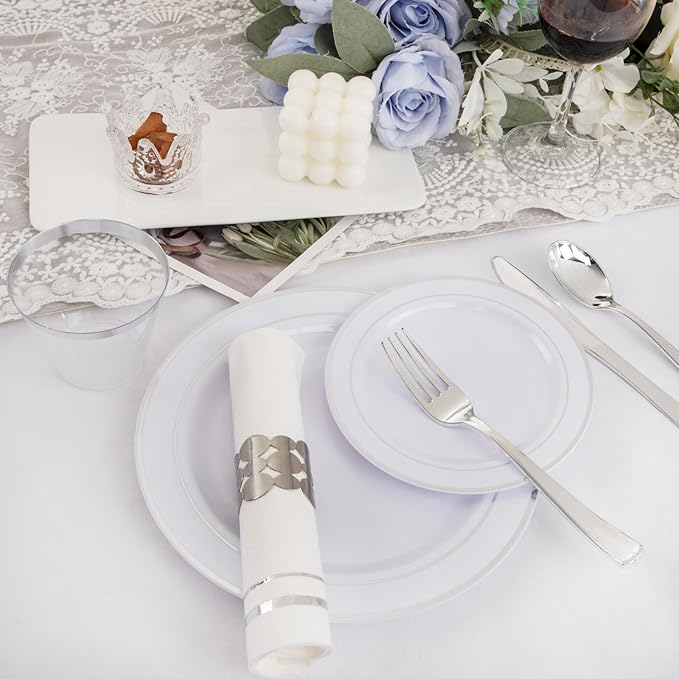 GATHER 350PCS Silver Plastic Plates - White and Silver Disposable Plates for 50 Guests Includes 50 Dinner Plates 50 Dessert Plate 50 Napkins 150 Silvery Cutlery and 50 Cups for Wedding & Party