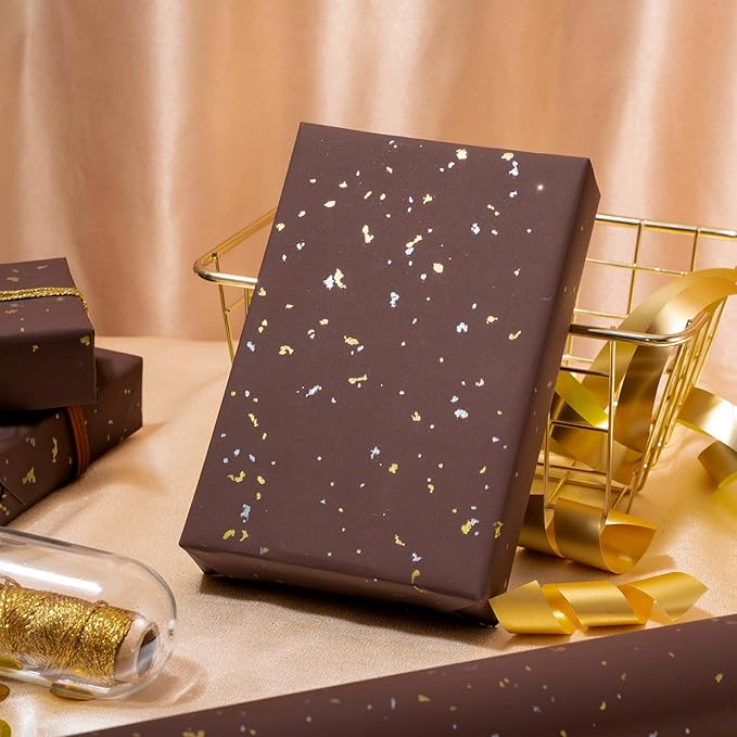 WRAPAHOLIC 30 Inch Jumbo Chocolate Brown Wrapping Paper Roll - 30 Inch x 16.5 Feet - Chocolate Brown Gold Design with Silky Touch Perfect for Birthday, Holiday, Wedding, Baby Shower