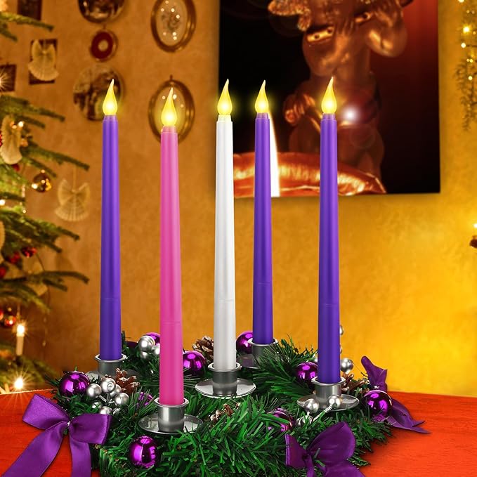 Tioncy 12 Inch Christmas Advent Wreath Candle Holder with 5 Flameless Candles Remote Control Wreaths Holder Centerpiece Decoration with Berries(Stylish,11 x 0.8 x 0.8 in)