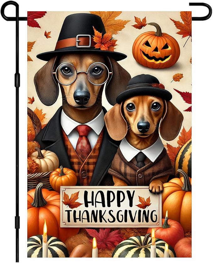 Happy Thanksgiving Dachshund Garden Flag 12x18 Inch Outdoor Flag Double Sided Fall Yard Banner with Dogs Pumpkins and Autumn Leaves for Porch Lawn Patio