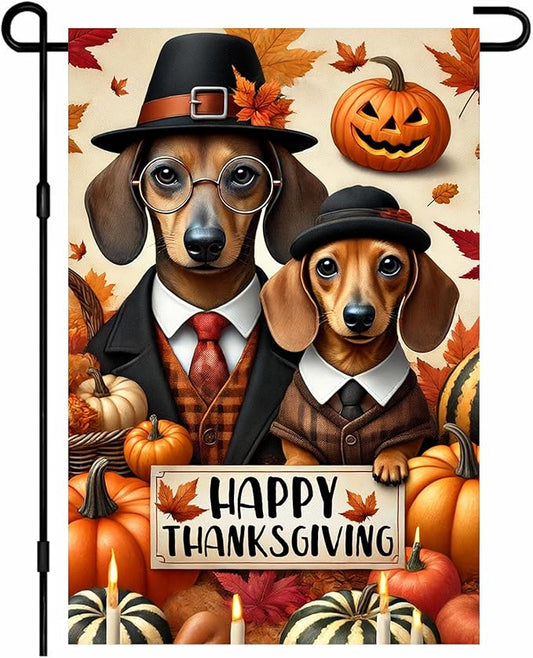 Happy Thanksgiving Dachshund Garden Flag 12x18 Inch Outdoor Flag Double Sided Fall Yard Banner with Dogs Pumpkins and Autumn Leaves for Porch Lawn Patio
