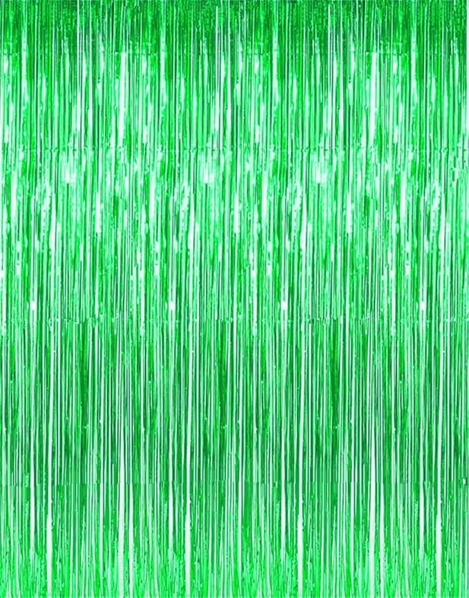 i-CHONY 2 Pcs Green Metallic Tinsel Foil Fringe Curtains,3.2ft x 8.2ft Photo Booth Backdrop for Birthday Wedding Bridal Shower Baby Shower Holiday Celebration Bachelorette Party Decorations