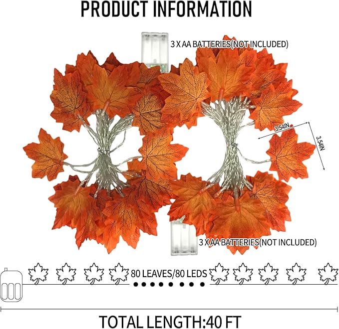 Fall Decorations Leaves Garland with Lights,Home Maple Leaf String Lights Orange-red 2 Pack 40FT 80LED Battery Operated with Timer,for Autumn Harvest Table Fireplace Porch Thanksgiving Indoor Decor