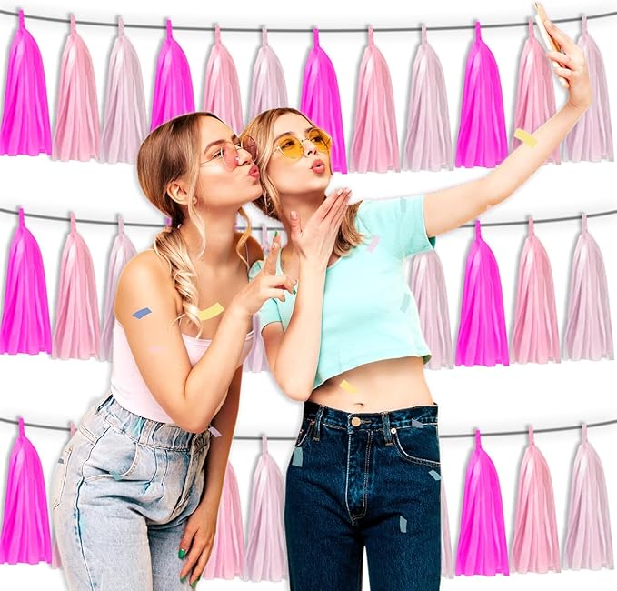 3P Maca-Rose Red Pink LightPink Metallic Fringe Banner Garland Foil Tinsel Streamer Backdrop Banners for Parties, Wall Hanging Curtain Parade Floats,Graduation Decorations, Wedding Party Decoration