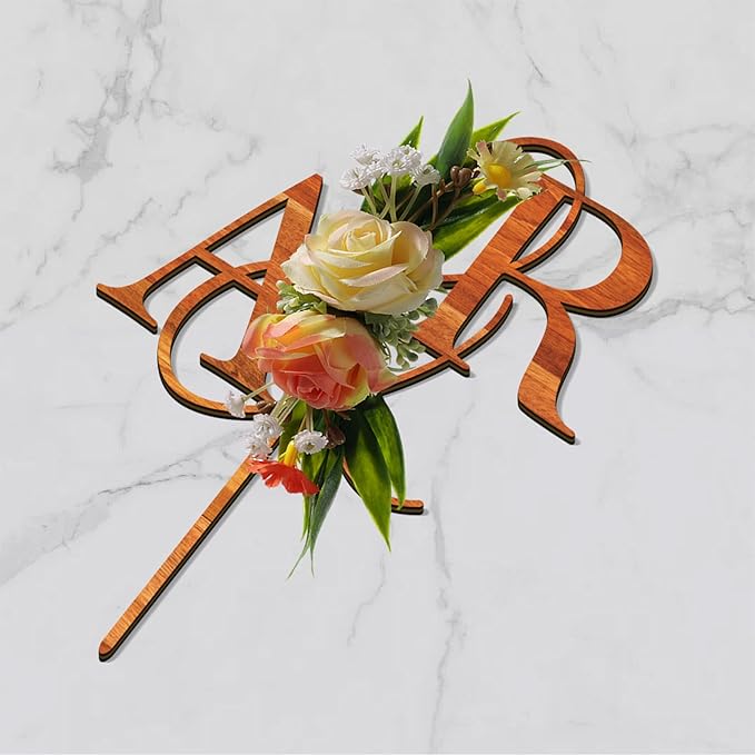 Wedding Cake Topper with 3D Artificial Flowers and Green Leaves Custom Initials Personalized Wooden Anniversary Cake Decoration (Maple)