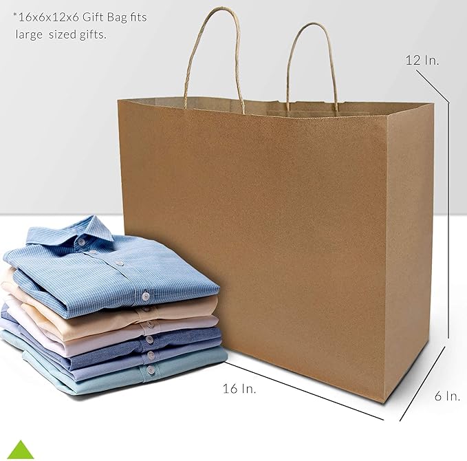 Prime Line Packaging Brown Paper Bags, Kraft Shopping Gift Bags with Handles for Small Business, Retail, Boutique & Grocery Use, To Go, Events, Bulk, 16x6x12, 100 Pack