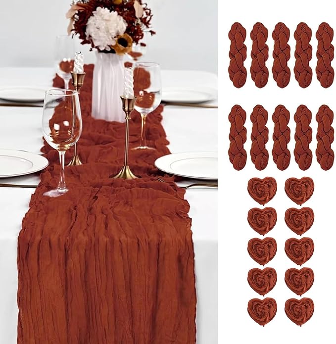 10PCS Terracotta Cheesecloth Table Runner 10ft Boho Gauze Fabric Cheese Cloth Table Runner Comes with 10 Cloth Napkins Runner for Romantic Wedding Birthday Shower Party Table Decoration