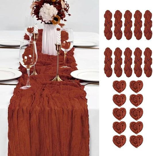 10PCS Terracotta Cheesecloth Table Runner 10ft Boho Gauze Fabric Cheese Cloth Table Runner Comes with 10 Cloth Napkins Runner for Romantic Wedding Birthday Shower Party Table Decoration