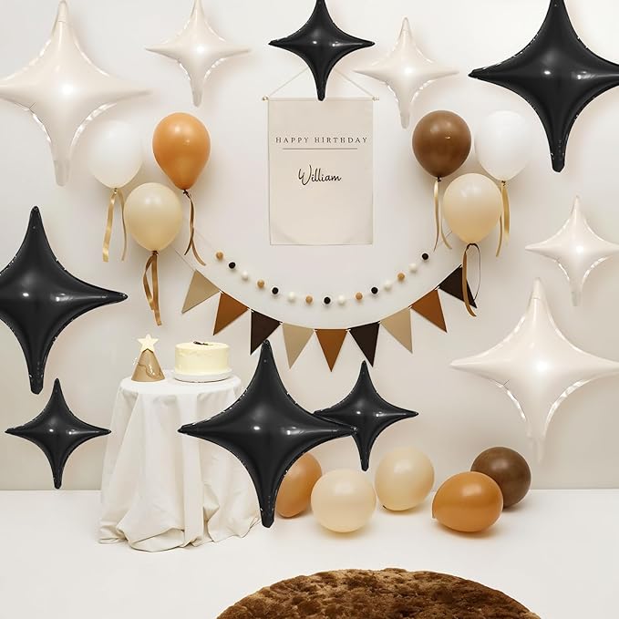 Black White Star Balloons,12Pcs Four Angle Star Foil Balloons,26Inch and 10Inch Black Cream White Quadrangle Helium Balloon for Birthday Baby Shower Anniversary Party Decorations