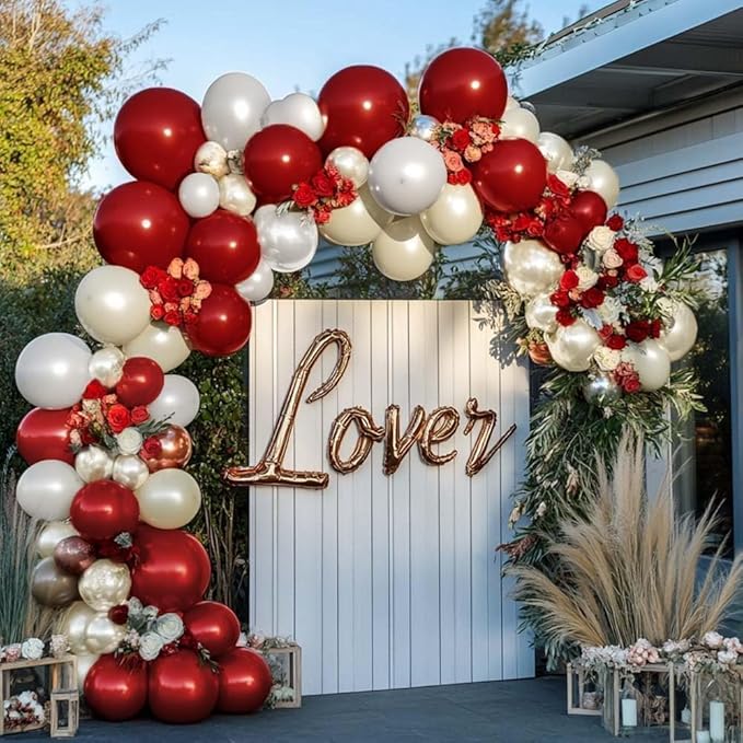 Red White Balloon Garland Dark Red Double Stuffed Balloons Arch Kit Set For Birthday Mothers Day Valentine Engagement Anniversary Bridal Shower Party Decorations
