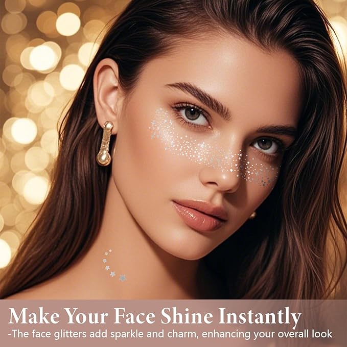 16 PCS Face Glitter, Silver Face Tattoos Stickers, Temporary Body Face Glitter, Makeup Patches for Women Girls Music Festival, Carnival Party, Halloween