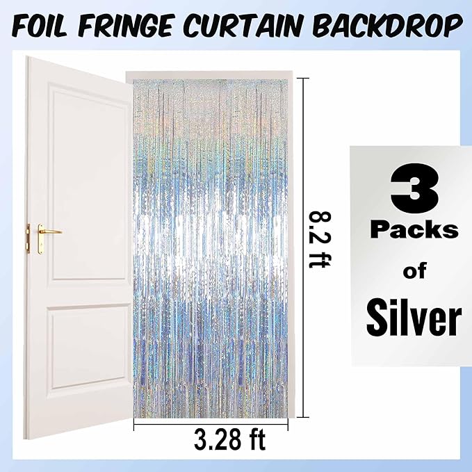 3 Pack Silver Foil Fringe Curtains Backdrop, 3.28 x 8.2 Ft Metallic Streamers Tinsel Curtains Background for Photo Booth, Birthday, Christmas, Halloween, Thanksgiving, New Year Party Decorations