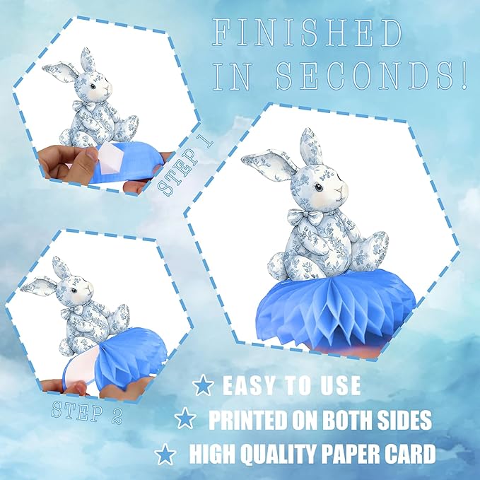 Blue Toile de Jouy Baby Shower Table Centerpieces – 12 PCS Classic French Nursery Honeycomb Decorations, Vintage Blue & White Boy Shower Table Décor