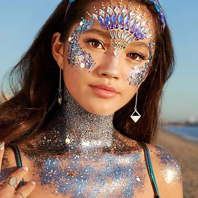 MEICOLY Purple and Clear White Face Body Glitter Set,Mermaid Face Glitter Gel,Singer Concerts Festival Rave Accessories,Sparkling Sequins Glitter Face Paint for Women and Kids,Chunky Glitter Makeup