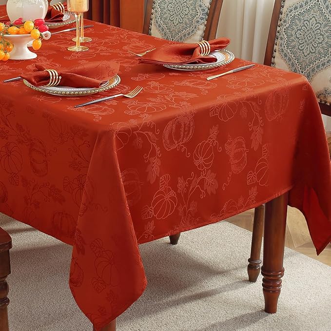 SASTYBALE Thanksgiving Tablecloths for Rectangle Tables Jacquard Fall Table Cloth with Pumpkins and Vines Stain Resistant Table Cover for Autumn Harvest, Dining, Party Decor (60 x 102 Inch, Red Rust)