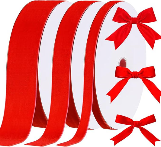 Yilloog 3/8'' 1'' 2'' 90 Yards Christmas Velvet Ribbon Vintage Satin Fabric Velvet Ribbon Roll for Christmas Tree Ornaments Decoration Gift Wrapping Bow DIY Crafts (Red)