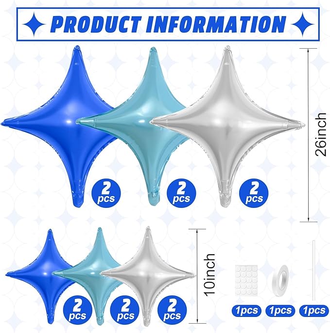 Blue Silver Star Balloons,12Pcs Four Angle Star Foil Balloons,26Inch and 10Inch Blue Silver Quadrangle Helium Balloon for Birthday Anniversary Party Decorations