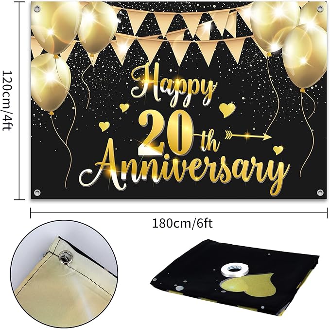 HAMIGAR 6x4ft Happy 20th Anniversary Banner Backdrop - 20 Wedding Anniversary Decorations Party Supplies - Black Gold