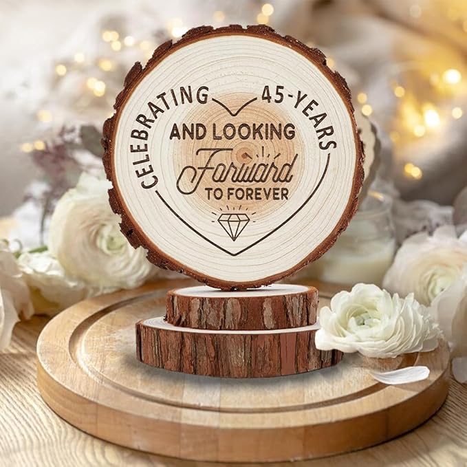 Anniversary Cake Topper - Personalized 45th Wedding Cake Toppers, Celebrating 45 Years and Looking Farward to Forever Custom Wood Rustic Decorations, Cheers to 10, 16, 25, 30, 50, 70 Birthday Gifts
