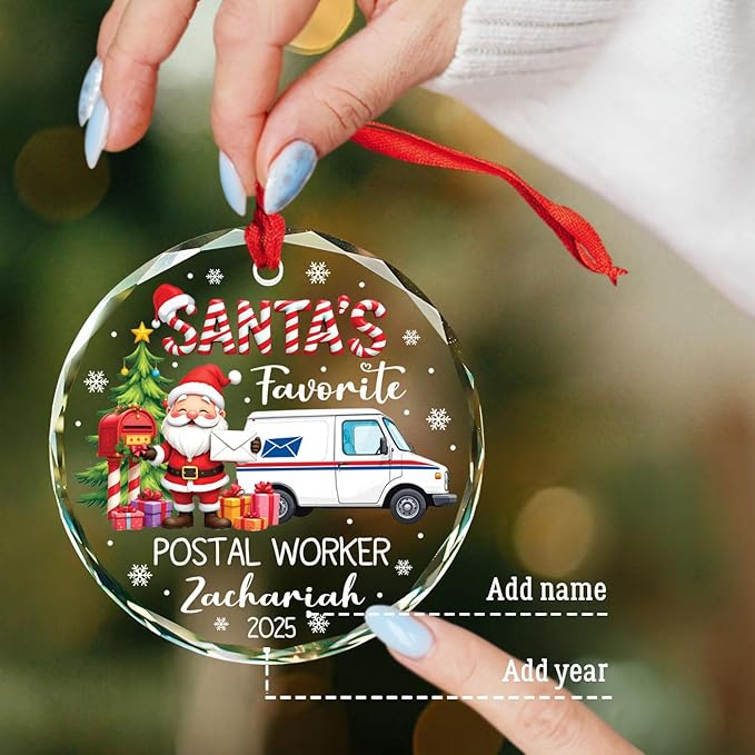 Santa's Favorite Postal Worker Christmas Glass Ornament 2025, Gifts for Mail Carrier Service, Custom Name & Year for Xmas Tree Decor, Personalized Merry Christmas Postal Worker Ornament Gift Ideas