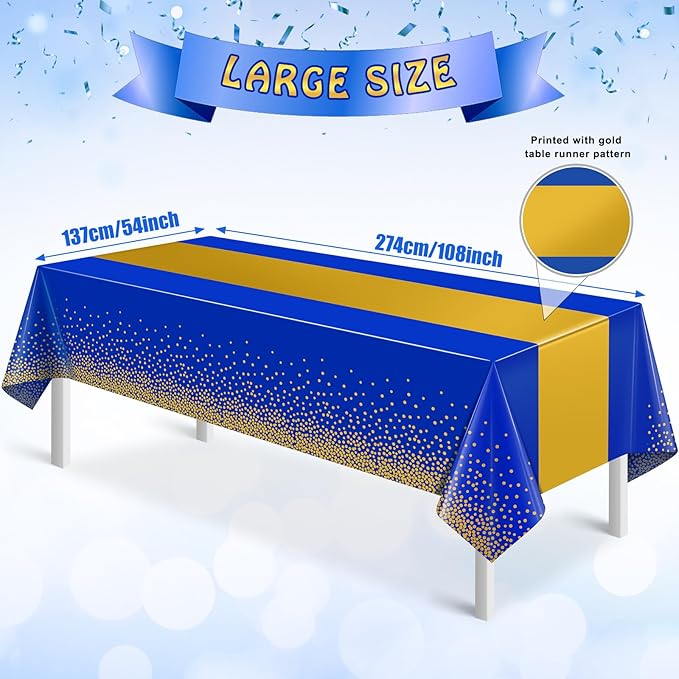 6Pcs Blue and Gold Tablecloth Party Decorations,Plastic Royal Blue Table Cloth Printed Gold Table Runner Disposable Rectangle Table Cover for Birthday Anniversary Wedding Graduation Party,54 x108 Inch