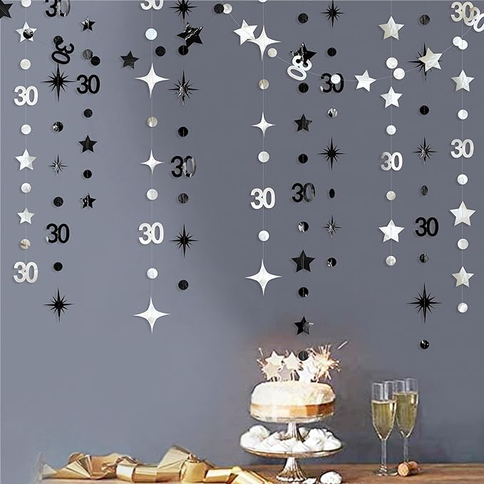 Silver Black 30th Birthday Decorations Number 30 Circle Dot Twinkle Star Garland Metallic Streamer Bunting Banner Backdrop for Mens Womens Happy Dirty 30 Year Old Thirty Anniversary Party Supplies
