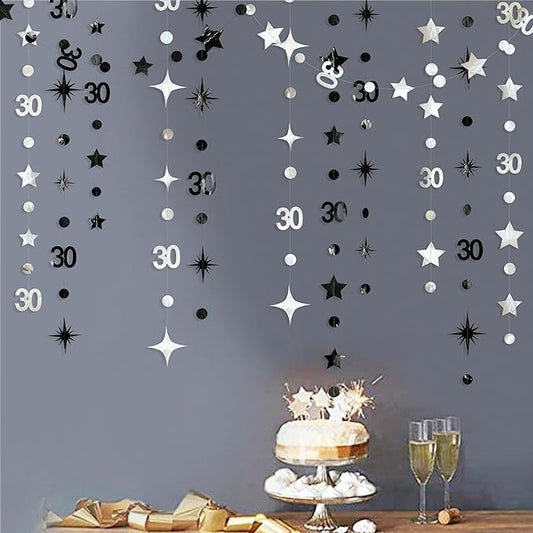 Silver Black 30th Birthday Decorations Number 30 Circle Dot Twinkle Star Garland Metallic Streamer Bunting Banner Backdrop for Mens Womens Happy Dirty 30 Year Old Thirty Anniversary Party Supplies